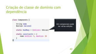 Criação de classe de domínio com 
dependência 
Um campeonato pode 
ter várias edições 
40 
 