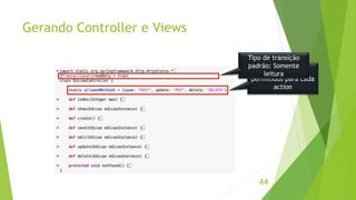 Gerando Controller e Views 
Tipo de transição 
padrão: Somente 
Métodos HTML 
leitura 
permitidos para cada 
44 
action 
 