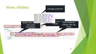 Views (Visões) 
51 
Importa a classe 
Edição 
Define uma variável 
com nome 
entityName 
Dois modos de 
chamar uma tag 
Grails 
message.properties 
 