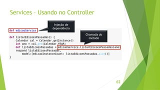 Services – Usando no Controller 
62 
Injeção de 
dependência 
Chamada do 
método 
 