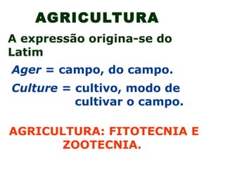 AGRICULTURA
A expressão origina-se do
Latim
Ager = campo, do campo.
Culture = cultivo, modo de
cultivar o campo.
AGRICULTURA: FITOTECNIA E
ZOOTECNIA.
 