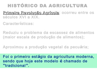 HISTÓRICO DA AGRICULTURA
Primeira Revolução AgrícolaPrimeira Revolução Agrícola: ocorreu entre os
séculos XVI a XIX.
Características:
Aproximou a produção vegetal da pecuária;
Reduziu o problema da escassez de alimentos
(maior escala de produção de alimentos);
Foi o primeiro estágio da agricultura moderna,
sendo que hoje este modelo é chamado de
“tradicional”.
 