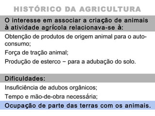 HISTÓRICO DA AGRICULTURA
O interesse em associar a criação de animais
à atividade agrícola relacionava-se à:
Obtenção de produtos de origem animal para o auto-
consumo;
Força de tração animal;
Produção de esterco – para a adubação do solo.
Dificuldades:
Insuficiência de adubos orgânicos;
Tempo e mão-de-obra necessária;
Ocupação de parte das terras com os animais.
 