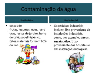 A água, é incolor, inodora e insípida e indispensável a toda e qualquer forma de vida. Dos 2,4% de água doce disponível, apenas 0,02% está em lagos e rios que abastecem as cidades e podem ser consumidas.