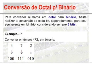 Conversão de Octal p/ Binário
Exemplo - 7
Converter o número 4728 em binário:
Para converter números em octal para binário...