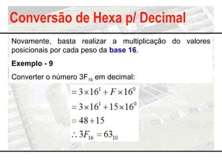 Conversão de Hexa p/ Decimal
Novamente, basta realizar a multiplicação do valores
posicionais por cada peso da base 16.
Ex...