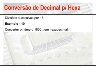 Conversão de Decimal p/ Hexa
Divisões sucessivas por 16.
Exemplo - 10
Converter o número 100010 em hexadecimal:
 