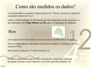 421
0011 0010 1010 1101 0001 0100 1011
Como são medidos os dados?
Pág.15
Um processador se comunica apenas através de “Chaves” positivas e negativas,
assumindo valores de 0 ou 1.
Então, a menor unidade de informação que um computador pode armazenar é o
que chamamos de Código Binário ou Bit,Código Binário ou Bit, que é a Linguagem de Máquina.
Byte
Um conjunto de 8 bits reunidos como uma única unidade forma um Byte.
Para os computadores, representar 256 números binários é suficiente, por isso
possuem 8 bits.
Basta fazer os cálculos: 28
dois elevado a 8.
Os Bytes representam todas as letras (maiúscula, minúscula), sinais de
pontuação, acentos, sinais especiais e até sinais que não podemos ver.
 