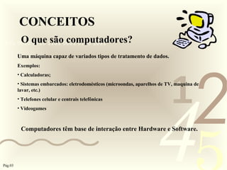 421
0011 0010 1010 1101 0001 0100 1011
CONCEITOS
O que são computadores?
Uma máquina capaz de variados tipos de tratamento de dados.
Exemplos:
• Calculadoras;
• Sistemas embarcados: eletrodomésticos (microondas, aparelhos de TV, maquina de
lavar, etc.)
• Telefones celular e centrais telefônicas
• Videogames
Computadores têm base de interação entre Hardware e Software.
Pág.03
 