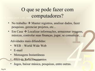 421
0011 0010 1010 1101 0001 0100 1011
O que se pode fazer com
computadores?
• No trabalho  Manter registros, analisar dados, fazer
pesquisas, gerenciar projetos, etc...
• Em Casa  Localizar informações, armazenar imagens,
músicas, controlar suas finanças, jogar, se comunicar, ...
Atividades mais difundidas:
• WEB – World Wide Web
• E-mail
• Mensagens Instantâneas
• Sites de Relacionamentos
• Jogos, baixar música, pesquisas, entre outras.
Pág.04
 