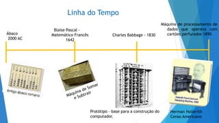 Linha do Tempo
Ábaco
2000 AC
Blaise Pascal –
Matemático Francês
1642
Máquina de processamento de
dados que operava com
cartões perfurados 1890
Herman Hollerith
Censo Americano
Charles Babbage - 1830
Protótipo – base para a construção do
computador.
 