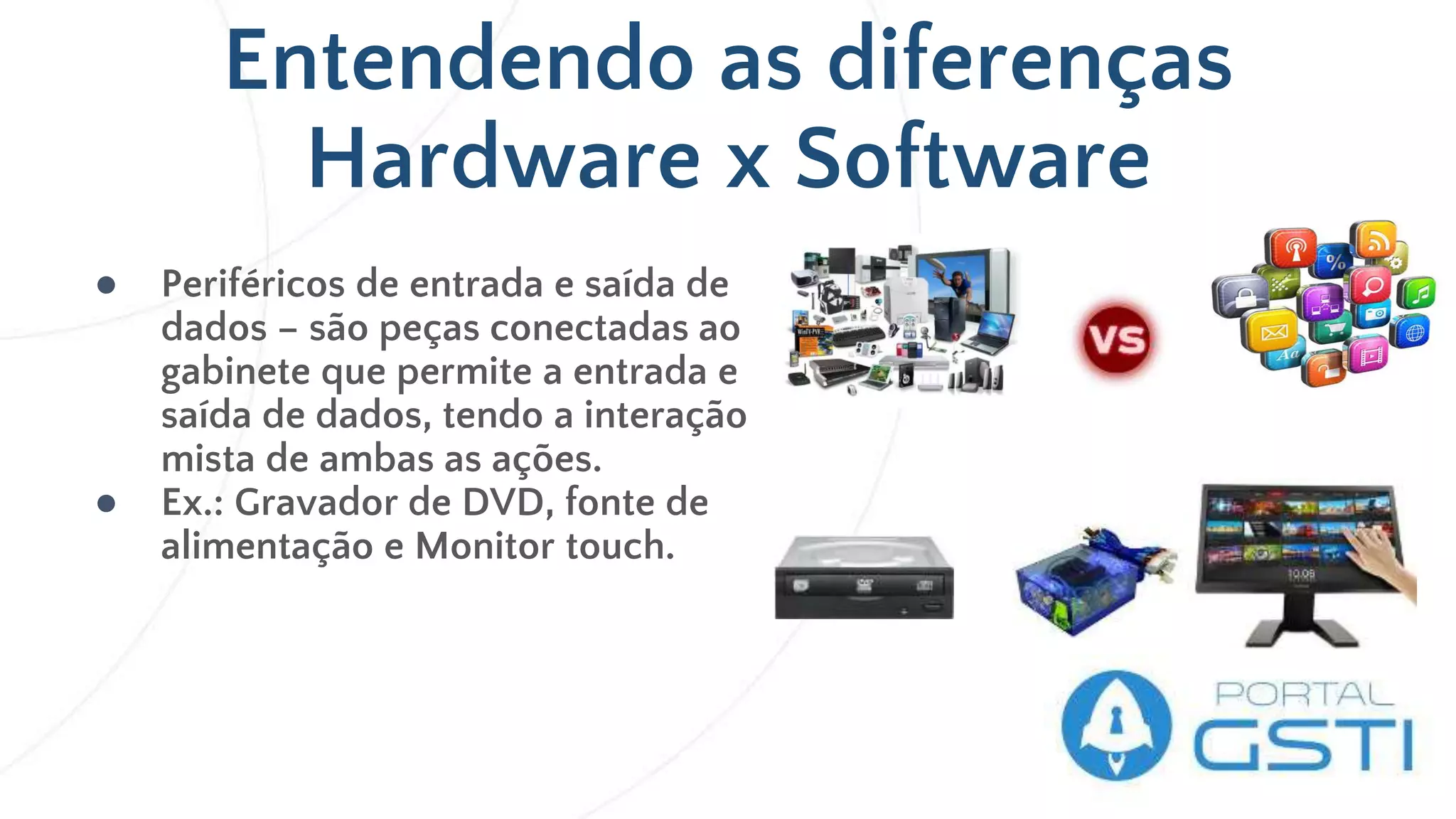 Entendendo as diferenças
Hardware x Software
● Periféricos de entrada e saída de
dados – são peças conectadas ao
gabinete que permite a entrada e
saída de dados, tendo a interação
mista de ambas as ações.
● Ex.: Gravador de DVD, fonte de
alimentação e Monitor touch.
 