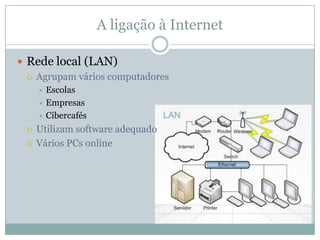 A ligação à Internet

 Rede local (LAN)
   Agrupam vários computadores
      Escolas
      Empresas
      Cibercafés

    Utilizam software adequado
    Vários PCs online
 