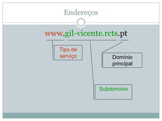 Endereços

www.gil-vicente.rcts.pt
    Tipo de
    serviço          Domínio
                     principal



                 Subdomínio
 