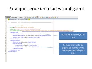 Para que serve uma faces-config.xml



                        Nome para associação da
                                 MB


                         Redirecionamento de
                        pagina de acordo com a
                        mensagem enviada pela
                                  MB.
 