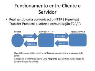 Funcionamento entre Cliente e
              Servidor
• Realizando uma comunicação HTTP ( Hipertext
  Transfer Protocol ), sobre a comunicação TCP/IP.

     Cliente                 Servidor HTTP                Aplicação WEB
                Pedido                        Executa


                 Resposta                       dados



     O pedido e entendido como uma Request que destina a uma requisição
     HTTP.
     A resposta e entendido como uma Response que destina a uma resposta
     da informação ao cliente.
 