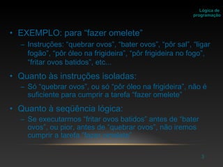 3
• EXEMPLO: para “fazer omelete”
– Instruções: “quebrar ovos”, “bater ovos”, “pôr sal”, “ligar
fogão”, “pôr óleo na frigideira”, “pôr frigideira no fogo”,
“fritar ovos batidos”, etc...
• Quanto às instruções isoladas:
– Só “quebrar ovos”, ou só “pôr óleo na frigideira”, não é
suficiente para cumprir a tarefa “fazer omelete”
• Quanto à seqüência lógica:
– Se executarmos “fritar ovos batidos” antes de “bater
ovos”, ou pior, antes de “quebrar ovos”, não iremos
cumprir a tarefa “fazer omelete”
Lógica de
programação
 