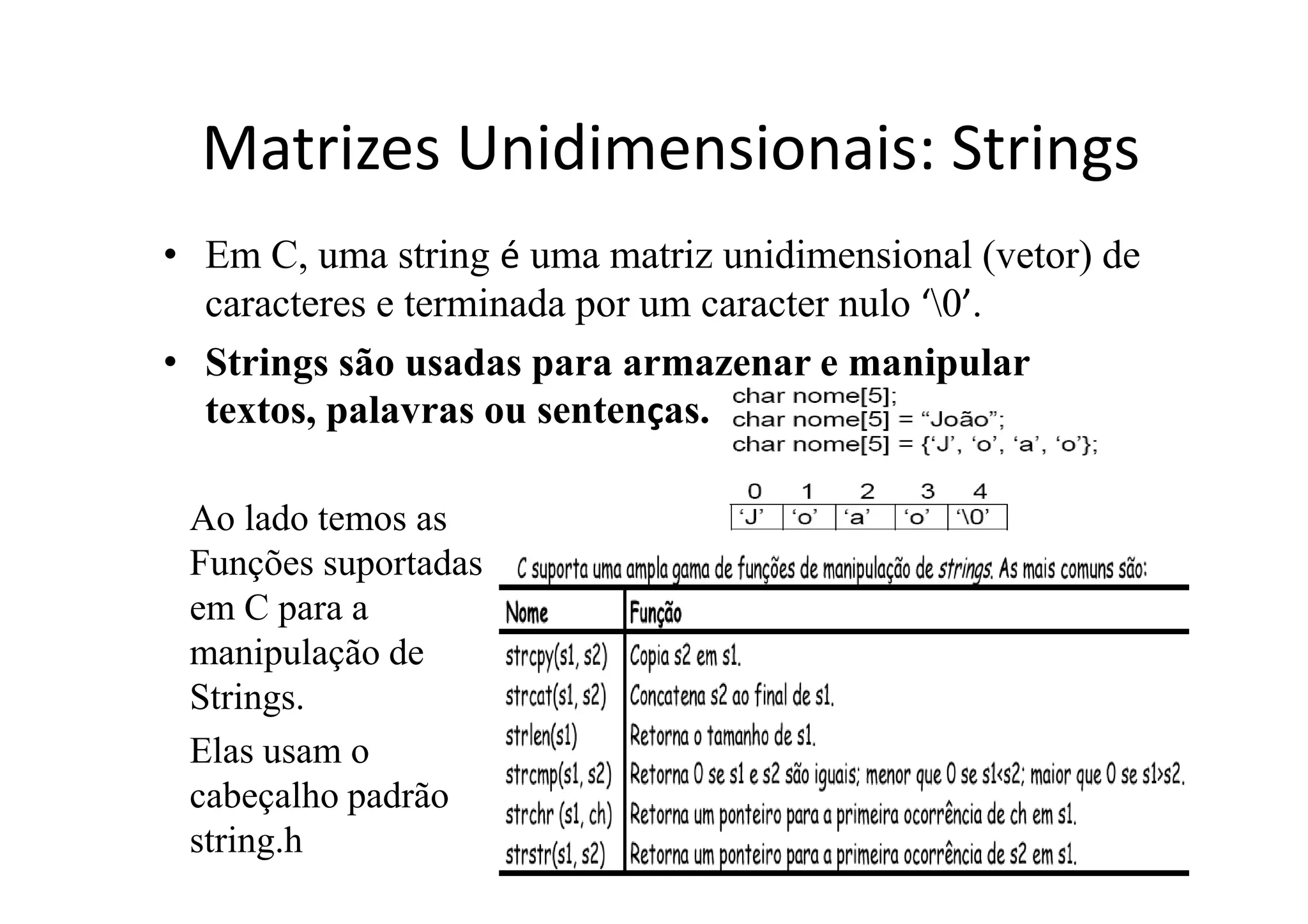 Matrizes Unidimensionais: Strings
• Em C, uma string é uma matriz unidimensional (vetor) de
  caracteres e terminada por um caracter nulo ‘0’.
• Strings são usadas para armazenar e manipular
  textos, palavras ou sentenças.

 Ao lado temos as
 Funções suportadas
 em C para a
 manipulação de
 Strings.
 Elas usam o
 cabeçalho padrão
 string.h
 