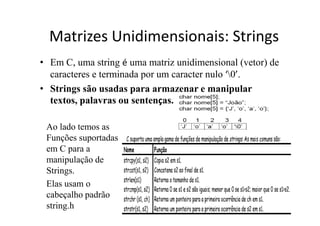Matrizes Unidimensionais: Strings
• Em C, uma string é uma matriz unidimensional (vetor) de
  caracteres e terminada por u...