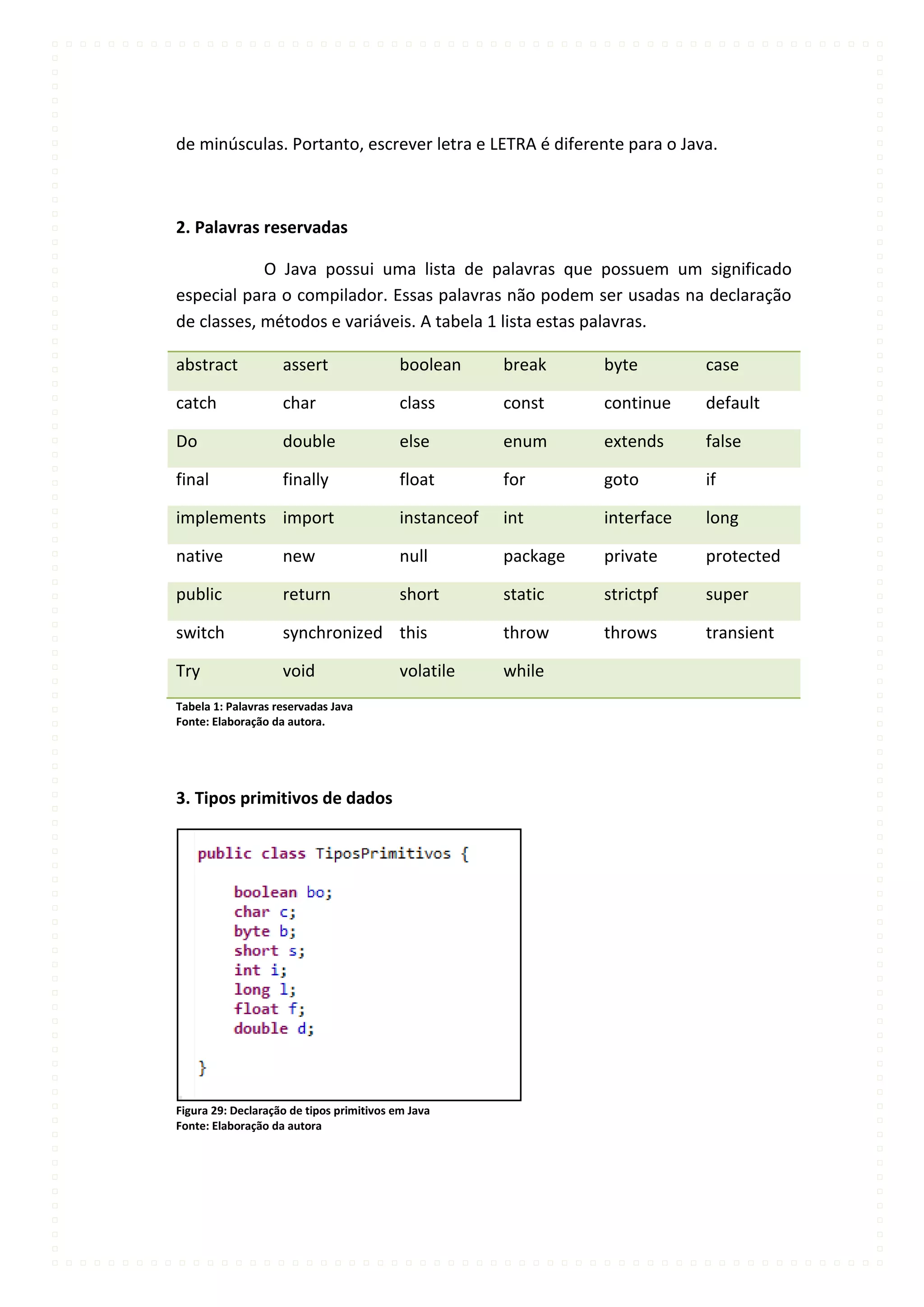 de minúsculas. Portanto, escrever letra e LETRA é diferente para o Java.



2. Palavras reservadas

            O Java possui uma lista de palavras que possuem um significado
especial para o compilador. Essas palavras não podem ser usadas na declaração
de classes, métodos e variáveis. A tabela 1 lista estas palavras.

abstract            assert                 boolean      break     byte        case

catch               char                   class        const     continue    default

Do                  double                 else         enum      extends     false

final               finally                float        for       goto        if

implements import                          instanceof   int       interface   long

native              new                    null         package   private     protected

public              return                 short        static    strictpf    super

switch              synchronized this                   throw     throws      transient

Try                 void                   volatile     while
Tabela 1: Palavras reservadas Java
Fonte: Elaboração da autora.




3. Tipos primitivos de dados




Figura 29: Declaração de tipos primitivos em Java
Fonte: Elaboração da autora
 