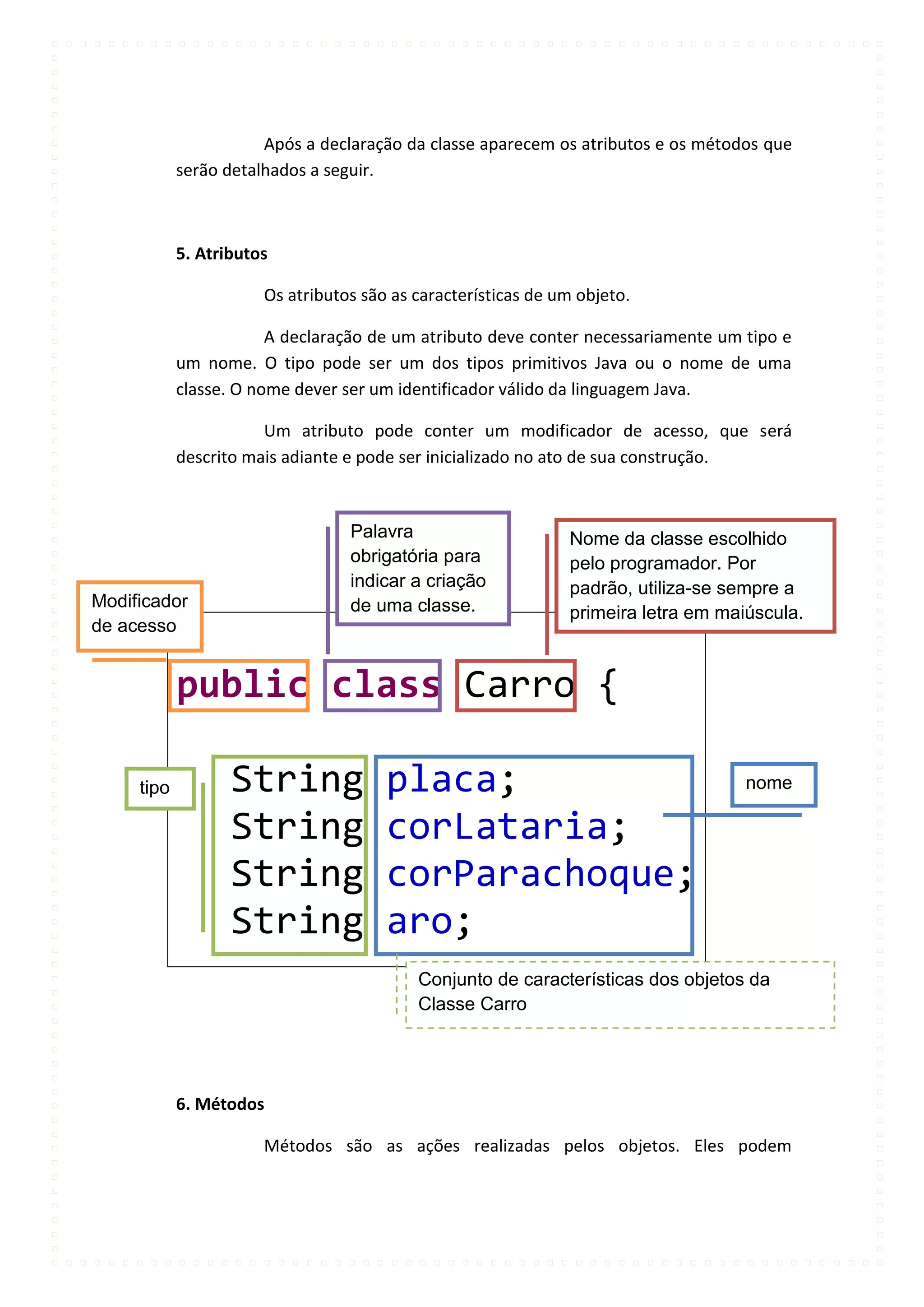 Após a declaração da classe aparecem os atributos e os métodos que
            serão detalhados a seguir.



            5. Atributos

                       Os atributos são as características de um objeto.

                        A declaração de um atributo deve conter necessariamente um tipo e
            um nome. O tipo pode ser um dos tipos primitivos Java ou o nome de uma
            classe. O nome dever ser um identificador válido da linguagem Java.

                       Um atributo pode conter um modificador de acesso, que será
            descrito mais adiante e pode ser inicializado no ato de sua construção.



                                  Palavra                      Nome da classe escolhido
                                  obrigatória para             pelo programador. Por
                                  indicar a criação            padrão, utiliza-se sempre a
Modificador                       de uma classe.               primeira letra em maiúscula.
de acesso


            public class Carro {

     tipo          String              placa;                                       nome

                   String              corLataria;
                   String              corParachoque;
                   String              aro;
                                           Conjunto de características dos objetos da
                                           Classe Carro




            6. Métodos

                       Métodos são as ações realizadas pelos objetos. Eles podem
 