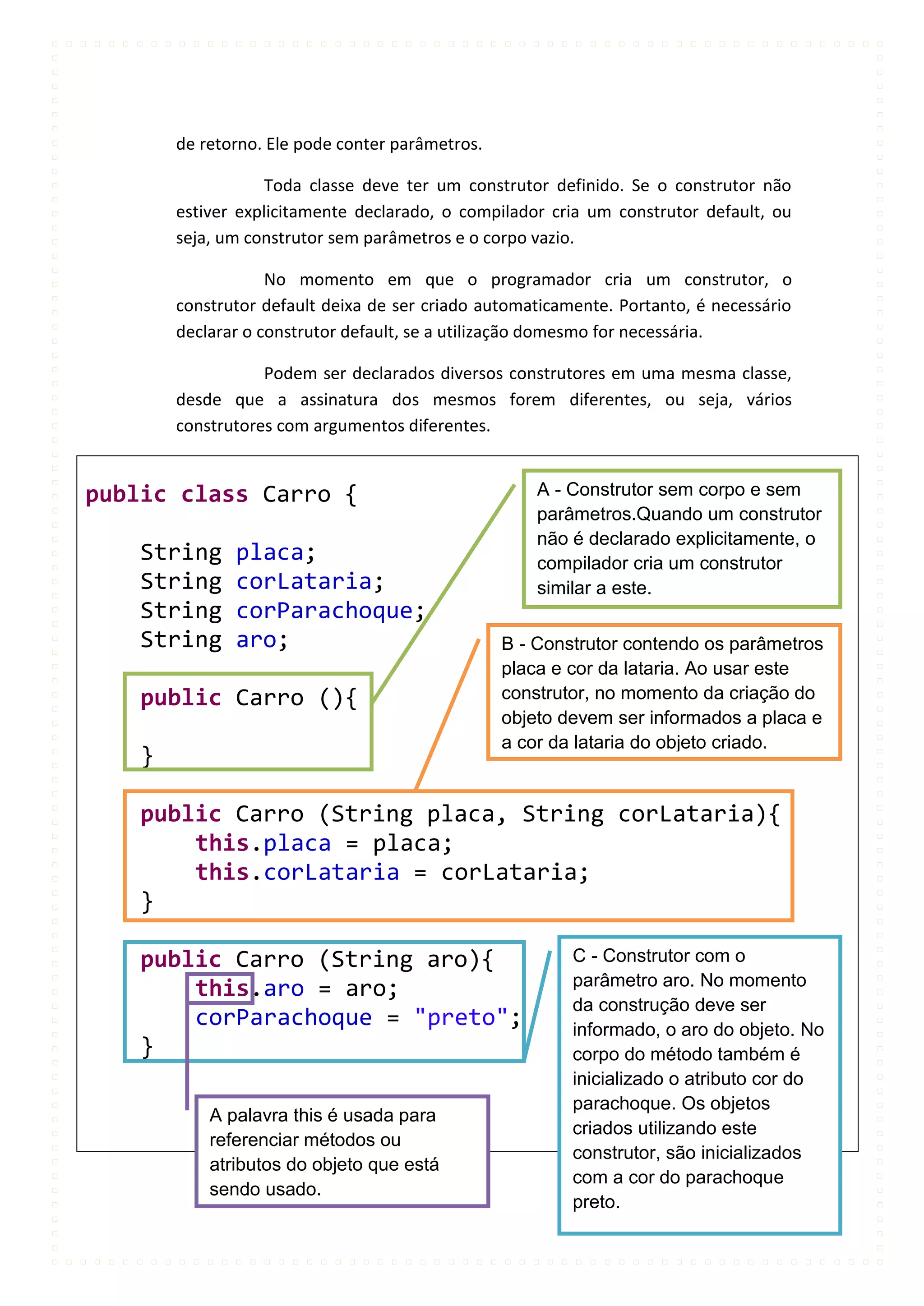 de retorno. Ele pode conter parâmetros.

                   Toda classe deve ter um construtor definido. Se o construtor não
        estiver explicitamente declarado, o compilador cria um construtor default, ou
        seja, um construtor sem parâmetros e o corpo vazio.

                    No momento em que o programador cria um construtor, o
        construtor default deixa de ser criado automaticamente. Portanto, é necessário
        declarar o construtor default, se a utilização domesmo for necessária.

                   Podem ser declarados diversos construtores em uma mesma classe,
        desde que a assinatura dos mesmos forem diferentes, ou seja, vários
        construtores com argumentos diferentes.


public class Carro {                                  A - Construtor sem corpo e sem
                                                      parâmetros.Quando um construtor
                                                      não é declarado explicitamente, o
    String     placa;                                 compilador cria um construtor
    String     corLataria;                            similar a este.
    String     corParachoque;
    String     aro;                               B - Construtor contendo os parâmetros
                                                  placa e cor da lataria. Ao usar este
    public Carro (){                              construtor, no momento da criação do
                                                  objeto devem ser informados a placa e
                                                  a cor da lataria do objeto criado.
    }

    public Carro (String placa, String corLataria){
        this.placa = placa;
        this.corLataria = corLataria;
    }

    public Carro (String aro){                            C - Construtor com o
                                                          parâmetro aro. No momento
        this.aro = aro;
                                                          da construção deve ser
        corParachoque = "preto";                          informado, o aro do objeto. No
    }                                                     corpo do método também é
                                                          inicializado o atributo cor do
                                                          parachoque. Os objetos
            A palavra this é usada para
                                                          criados utilizando este
            referenciar métodos ou
                                                          construtor, são inicializados
            atributos do objeto que está
                                                          com a cor do parachoque
            sendo usado.
                                                          preto.
 