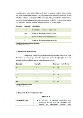 imediatamente antes ou imediatamente após o nome da variável. Vale ressaltar
que esses operadores funcionam de forma diferente dependendo da posição em
relação a variável. Se o operador for colocado antes, a variável é incrementada
no momento da sua avaliação. Caso contrário, a variável é incrementada após a
sua avaliação. Maiores detalhes podem ser vistos na tabela abaixo:

Operador          Exemplo            Significado

++                ++x                Incrementa a variável e depois usa.

                  x++                Usa a variável e depois incrementa.

--                --x                Decrementa a variável e depois usa.

                  x--                Usa a variável e depois decrementa.
Tabela 8: Operadores de incremento e decremento
Fonte: Elaboração da autora




14. Operadores de atribuição

            Para efetuar uma operação aritmética seguida da atribuição do valor
de retorno a variável que continha o primeiro termo da operação, pode ser
utilizada uma notação compacta. Segue abaixo a mesma:

Operador                                Exemplo                    Expressão equivalente

+=                                      x += y                     x=x+y

-=                                      x -= y                     x=x-y

*=                                      x *= y                     x=x*y

/=                                      x /= y                     x=x/y

%=                                      x%=y                       x=x%y
Tabela 9: Operadores de atribuição
Fonte: Elaboração da autora




15. Estruturas de controle e repetição

                                                   Instrução if

Comando if... else                          A estrutura if permite especificar um
                                             comando ou um bloco de comandos que
                                             devem ser executados quando uma
 