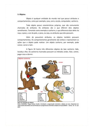 3. Objetos

         Objeto é qualquer entidade do mundo real que possui atributos e
comportamentos, como por exemplo, casa, carro, escola, computador, cachorro.

            Todo objeto possui características próprias, que são comumente
chamadas de atributos. Os atributos são o que diferem dois objetos
semelhantes. Tomando como exemplo o cachorro, o que diferencia dois deles éa
raça, o peso, a cor do pelo, o peso, ou seja, os atributos que eles possuem.

           Além de possuírem atributos, os objetos também possuem
comportamentos. Os comportamentos geralmente são verbos e representam as
ações que o objeto pode realizar. Um objeto cachorro, por exemplo, pode
comer, correr e latir.

           A figura 34 ilustra três diferentes objetos do tipo cachorro: Bob,
Scooby e Rex. Os cachorros ilustrados possuem os métodos andar, falar, comer,
pegar osso e dormir.




Figura 33: Exemplos de objetos.
Fonte: PALMEIRA, Thiago Vinícius Varallo. Introdução a programação orientada a objetos em Java. Disponível em:
<http://www.devmedia.com.br/introducao-a-programacao-orientada-a-objetos-em-java/26452>. Acesso em 15 jan.
2013.
 