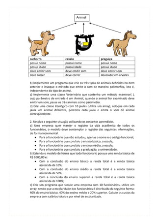 Animal




cachorro                   cavalo                     preguiça
possui nome                possui nome                possui nome
possui idade               possui idade               possui idade
deve emitir som            deve emitir som            deve emitir som
deve correr                deve correr                devesubir em árvores

b) Implemente um programa que crie os três tipos de animais definidos no item
anterior e invoque o método que emite o som de maneira polimórfica, isto é,
independente do tipo de animal.
c) Implemente uma classe Veterinário que contenha um método examinar( ),
cujo parâmetro de entrada é um Animal, quando o animal for examinado deve
emitir um som, passe os três animais como parâmetro.
d) Crie uma classe Zoológico com 10 jaulas (utilize um array), coloque em cada
jaula um animal diferente, percorra cada jaula e emita o som do animal
correspondente.

2. Resolva a seguinte situação utilizando os conceitos aprendidos.
a) Uma empresa quer manter o registro da vida acadêmica de todos os
funcionários, o modelo deve contemplar o registro das seguintes informações,
de forma incremental.
        Para o funcionário que não estudou, apenas o nome e o código funcional;
        Para o funcionário que concluiu o ensino básico, a escola;
        Para o funcionário que concluiu o ensino médio, a escola;
        Para o funcionário que concluiu a graduação, a universidade.
b) Estenda o modelo de forma que todo funcionário possua uma renda básica de
R$ 1000,00 e:
        Com a conclusão do ensino básico a renda total é a renda básica
        acrescida de 10%;
        Com a conclusão do ensino médio a renda total é a renda básica
        acrescida de 50%;
        Com a conclusão do ensino superior a renda total é a renda básica
        acrescida de 100%;
c) Crie um programa que simule uma empresa com 10 funcionários, utilize um
array, sendo que a escolaridade dos funcionários é distribuída da seguinte forma:
40% do ensino básico, 40% do ensino médio e 20% superior. Calcule os custos da
empresa com salários totais e por nível de escolaridade.
 