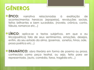 GÊNEROS
 ÉPICO: narrativa relacionadas à exaltação de
acontecimentos heroicos (epopeias), revoluções sociais,
feitos brilhantes e bem sucedidos. (novela, crônica, conto,
fábula, romance etc...)
 LÍRICO: aplica-se a textos subjetivos, em que o eu
lírico(poético) fala de seus sentimentos, emoções, desejos,
enfim, do seu estado da alma. (poemas, sonetos, hinos, ode,
prosa poética etc...)
 DRAMÁTICO: obra literária em forma de poema ou prosa,
conhecida como peça teatral, ou seja, feita para ser
representada. (auto, comédia, farsa, tragédia etc...)
 