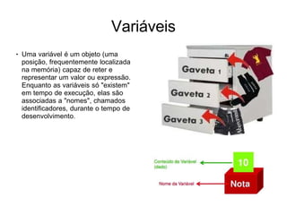 Variáveis
● Uma variável é um objeto (uma
posição, frequentemente localizada
na memória) capaz de reter e
representar um valor ou expressão.
Enquanto as variáveis só "existem"
em tempo de execução, elas são
associadas a "nomes", chamados
identificadores, durante o tempo de
desenvolvimento.
 