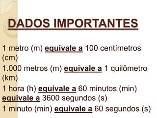 DADOS IMPORTANTES
1 metro (m) equivale a 100 centímetros
(cm)
1.000 metros (m) equivale a 1 quilômetro
(km)
1 hora (h) equivale a 60 minutos (min)
equivale a 3600 segundos (s)
1 minuto (min) equivale a 60 segundos (s)
 