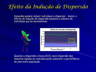 Efeito da Indução de Dispersão
  Conexões podem induzir indivíduos a dispersar. Assim, o
  Efeito da indução de dispersão aumenta o número de
  indivíduos que se movimentam.


                                                      Efeito da Indução da Dispersão
                                            300


                                            250




                         Tempo a Extinção
                                            200


                                            150                                       Corridor

                                                                                      No corridor
                                            100


                                            50


                                             0
                                                  0   0,2     0,4         0,6   0,8                 1
                                                      Taxa de emigração



  Quando a dispersão e baixa (0.2), mais dispersão das
  manchas ligadas as conexões pode aumentar a persistência
  de uma meta-população.
 