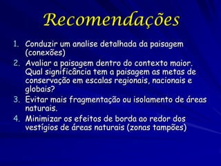 Recomendações
1. Conduzir um analise detalhada da paisagem
   (conexões)
2. Avaliar a paisagem dentro do contexto maior.
   Qual significância tem a paisagem as metas de
   conservação em escalas regionais, nacionais e
   globais?
3. Evitar mais fragmentação ou isolamento de áreas
   naturais.
4. Minimizar os efeitos de borda ao redor dos
   vestígios de áreas naturais (zonas tampões)
 