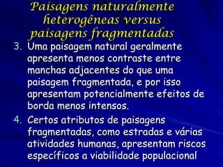 Paisagens naturalmente
     heterogêneas versus
   paisagens fragmentadas
3. Uma paisagem natural geralmente
   apresenta menos contraste entre
   manchas adjacentes do que uma
   paisagem fragmentada, e por isso
   apresentam potencialmente efeitos de
   borda menos intensos.
4. Certos atributos de paisagens
   fragmentadas, como estradas e várias
   atividades humanas, apresentam riscos
   específicos a viabilidade populacional
 