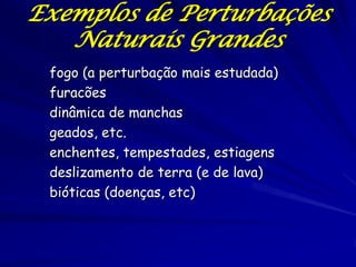 Exemplos de Perturbações
   Naturais Grandes
 fogo (a perturbação mais estudada)
 furacões
 dinâmica de manchas
 geados, etc.
 enchentes, tempestades, estiagens
 deslizamento de terra (e de lava)
 bióticas (doenças, etc)
 