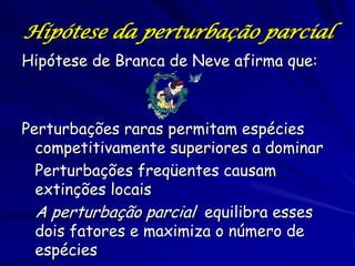 Hipótese da perturbação parcial
Hipótese de Branca de Neve afirma que:



Perturbações raras permitam espécies
  competitivamente superiores a dominar
  Perturbações freqüentes causam
  extinções locais
  A perturbação parcial equilibra esses
  dois fatores e maximiza o número de
  espécies
 