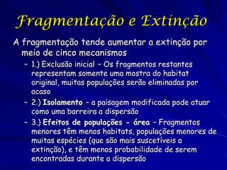 Fragmentação e Extinção
A fragmentação tende aumentar a extinção por
  meio de cinco mecanismos
  – 1.) Exclusão inicial – Os fragmentos restantes
    representam somente uma mostra do habitat
    original, muitas populações serão eliminadas por
    acaso
  – 2.) Isolamento – a paisagem modificada pode atuar
    como uma barreira a dispersão
  – 3.) Efeitos de populações - área – Fragmentos
    menores têm menos habitats, populações menores de
    muitas espécies (que são mais suscetíveis a
    extinção), e têm menos probabilidade de serem
    encontradas durante a dispersão
 