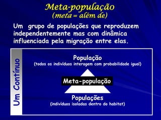 Meta-populaçã0
                       (meta = além de)
  Um grupo de populações que reproduzem
  independentemente mas com dinâmica
  influenciada pela migração entre elas.

                                  População
Um Contínuo




              (todos os indivíduos interagem com probabilidade igual)



                            Meta-população

                                 Populações
                      (indivíduos isoladas dentro do habitat)
 