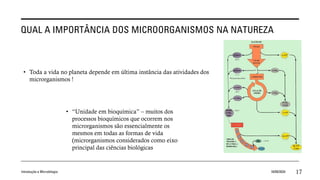 QUAL A IMPORTÂNCIA DOS MICROORGANISMOS NA NATUREZA
• Toda a vida no planeta depende em última instância das atividades dos
microrganismos !
• “Unidade em bioquímica” – muitos dos
processos bioquímicos que ocorrem nos
microrganismos são essencialmente os
mesmos em todas as formas de vida
(microrganismos considerados como eixo
principal das ciências biológicas
Introdução a Microbilogia 16/09/2024 17
 