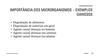 IMPORTÂNCIA DOS MICRORGANISMOS – EXEMPLOS
DANOSOS
Introdução a Microbilogia 16/09/2024 23
• Degradação de alimentos
• Degradação de materiais em geral
• Agente causal doenças no homem
• Agente causal doenças nos animais
• Agente causal doenças nas plantas
 