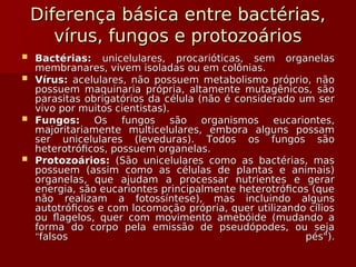 Diferença básica entre bactérias,
Diferença básica entre bactérias,
vírus, fungos e protozoários
vírus, fungos e protozoários
 Bactérias:
Bactérias: unicelulares, procarióticas, sem organelas
unicelulares, procarióticas, sem organelas
membranares, vivem isoladas ou em colônias.
membranares, vivem isoladas ou em colônias.
 Vírus:
Vírus: acelulares, não possuem metabolismo próprio, não
acelulares, não possuem metabolismo próprio, não
possuem maquinaria própria, altamente mutagênicos, são
possuem maquinaria própria, altamente mutagênicos, são
parasitas obrigatórios da célula (não é considerado um ser
parasitas obrigatórios da célula (não é considerado um ser
vivo por muitos cientistas).
vivo por muitos cientistas).
 Fungos:
Fungos: Os fungos são organismos eucariontes,
Os fungos são organismos eucariontes,
majoritariamente multicelulares, embora alguns possam
majoritariamente multicelulares, embora alguns possam
ser unicelulares (leveduras). Todos os fungos são
ser unicelulares (leveduras). Todos os fungos são
heterotróficos, possuem organelas.
heterotróficos, possuem organelas.
 Protozoários:
Protozoários: (São unicelulares como as bactérias, mas
(São unicelulares como as bactérias, mas
possuem (assim como as células de plantas e animais)
possuem (assim como as células de plantas e animais)
organelas, que ajudam a processar nutrientes e gerar
organelas, que ajudam a processar nutrientes e gerar
energia, são eucariontes principalmente heterotróficos (que
energia, são eucariontes principalmente heterotróficos (que
não realizam a fotossíntese), mas incluindo alguns
não realizam a fotossíntese), mas incluindo alguns
autotróficos e com locomoção própria, quer utilizando cílios
autotróficos e com locomoção própria, quer utilizando cílios
ou flagelos, quer com movimento amebóide (mudando a
ou flagelos, quer com movimento amebóide (mudando a
forma do corpo pela emissão de pseudópodes, ou seja
forma do corpo pela emissão de pseudópodes, ou seja
"
"falsos pés").
falsos pés").
 