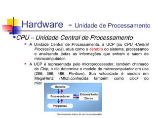 Hardware - Unidade de Processamento
n   CPU – Unidade Central de Processamento
      n   A Unidade Central de Processamento, a UCP (ou CPU -Central
            Processing Unit), atua como o cérebro do sistema, processando
            e analisando todas as informações que entram e saem do
            microcomputador.
      n   A UCP é representada pelo microprocessador, também chamado
            de Chip, e ele determina o modelo do microcomputador em uso
            (286, 386, 486, Pentium). Sua velocidade é medida em
            MegaHertz (Mhz),conhecida também como clock do
            microcomputador.
 