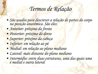 Termos de Relação São usados para descrever a relação de partes do corpo na posição anatômica. São eles: Anterior: próximo da frente Posterior: próximo do dorso Superior: próximo da cabeça Inferior: em relação ao pé Medial: em relação ao plano mediano Lateral: mais distante do plano mediano Intermédio: entre duas estruturas, uma das quais uma é medial e outra lateral 