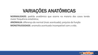 VARIAÇÕES ANATÔMICAS
NORMALIDADE: padrão anatômico que ocorre na maioria dos casos tendo
maior frequência estatística;
ANOMALIA: diferença do normal (mais acentuada); prejuízo da função
MONSTRUOSIDADE: anomalia acentuada incompatível com a vida.
 