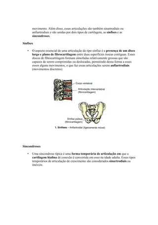 movimento. Além disso, essas articulações são também sinartrodiais ou
anfiartrodiais e são unidas por dois tipos de cartilagem, as sínfises e as
sincondroses.
Sínfises
• O aspecto essencial de uma articulação do tipo sínfise é a presença de um disco
largo e plano de fibrocartilagem entre duas superfícies ósseas contíguas. Esses
discos de fibrocartilagem formam almofadas relativamente grossas que são
capazes de serem comprimidas ou deslocadas, permitindo dessa forma a esses
ossos alguns movimentos, o que faz essas articulações serem anfiartrodiais
(movimentos discretos).
Sincondroses
• Uma sincondrose típica é uma forma temporária de articulação em que a
cartilagem hialina de conexão é convertida em osso na idade adulta. Esses tipos
temporários de articulação de crescimento são considerados sinartrodiais ou
imóveis.
 