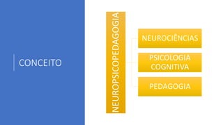 CONCEITO
NEUROPSICOPEDAGOGIA
NEUROCIÊNCIAS
PSICOLOGIA
COGNITIVA
PEDAGOGIA
 
