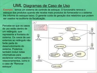 UML  Diagramas de Caso de Uso Exemplo :  temos um sistema de controle de estoque. O funcionário renova o estoque dos produ...