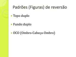 Padrões (Figuras) de reversão
   Topo duplo

   Fundo duplo

   OCO (Ombro-Cabeça-Ombro)
 