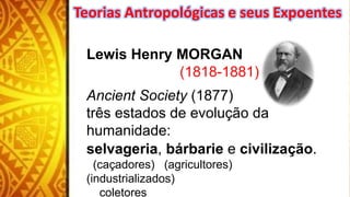 Lewis Henry MORGAN
(1818-1881)
Ancient Society (1877)
três estados de evolução da
humanidade:
selvageria, bárbarie e civilização.
(caçadores) (agricultores)
(industrializados)
coletores
Teorias Antropológicas e seus Expoentes
 